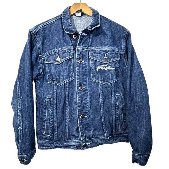 Vintage FUBU Denim Jacket 90s Jean Trucker Coat Spell Out Embroidered Women L - Picture 1 of 9